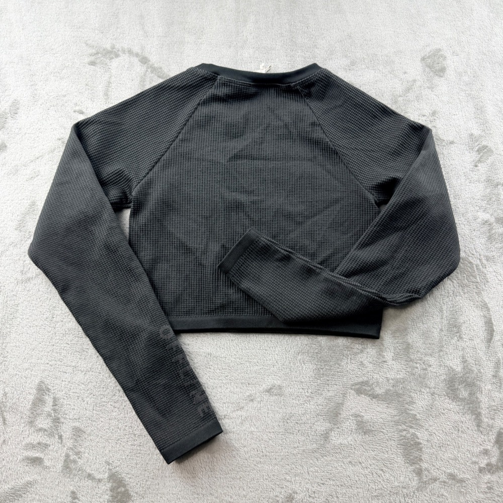 OFFLINE by Aerie Women's Small Waffle Knit Cropped Long Sleeve Top Black - Picture 2 of 7